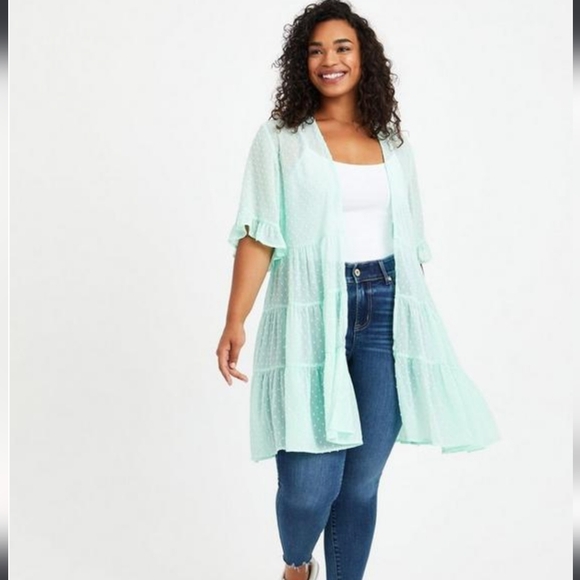 Torrid Size 12 Clip Dot Ruffle Kimono Mint Green - Picture 8 of 11